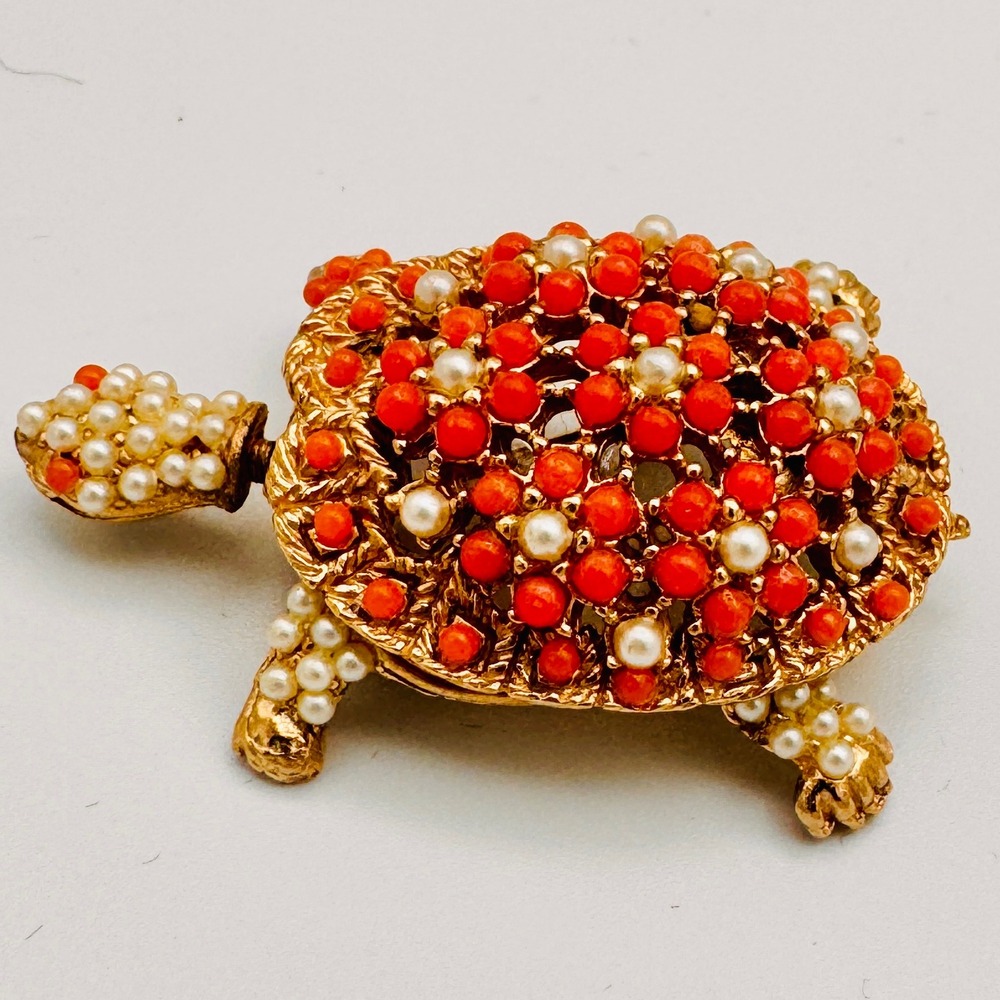 Vintage Ciner Turtle Brooch Gold Tone Coral Pearl Beads Figural Head Movement